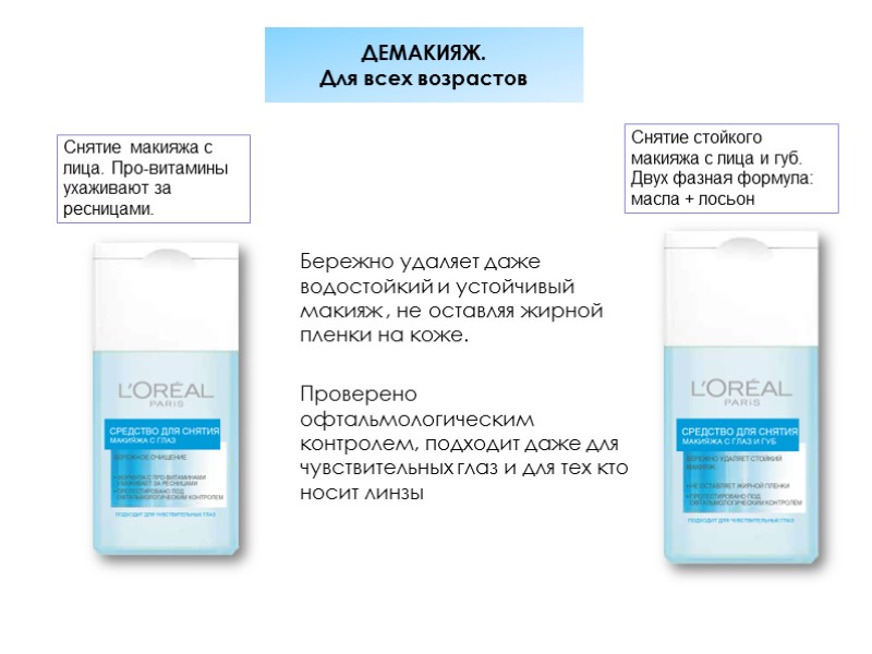 ДЕМАКИЯЖ.  Для всех возрастов Снятие стойкого макияжа с лица и губ. Двух фазная